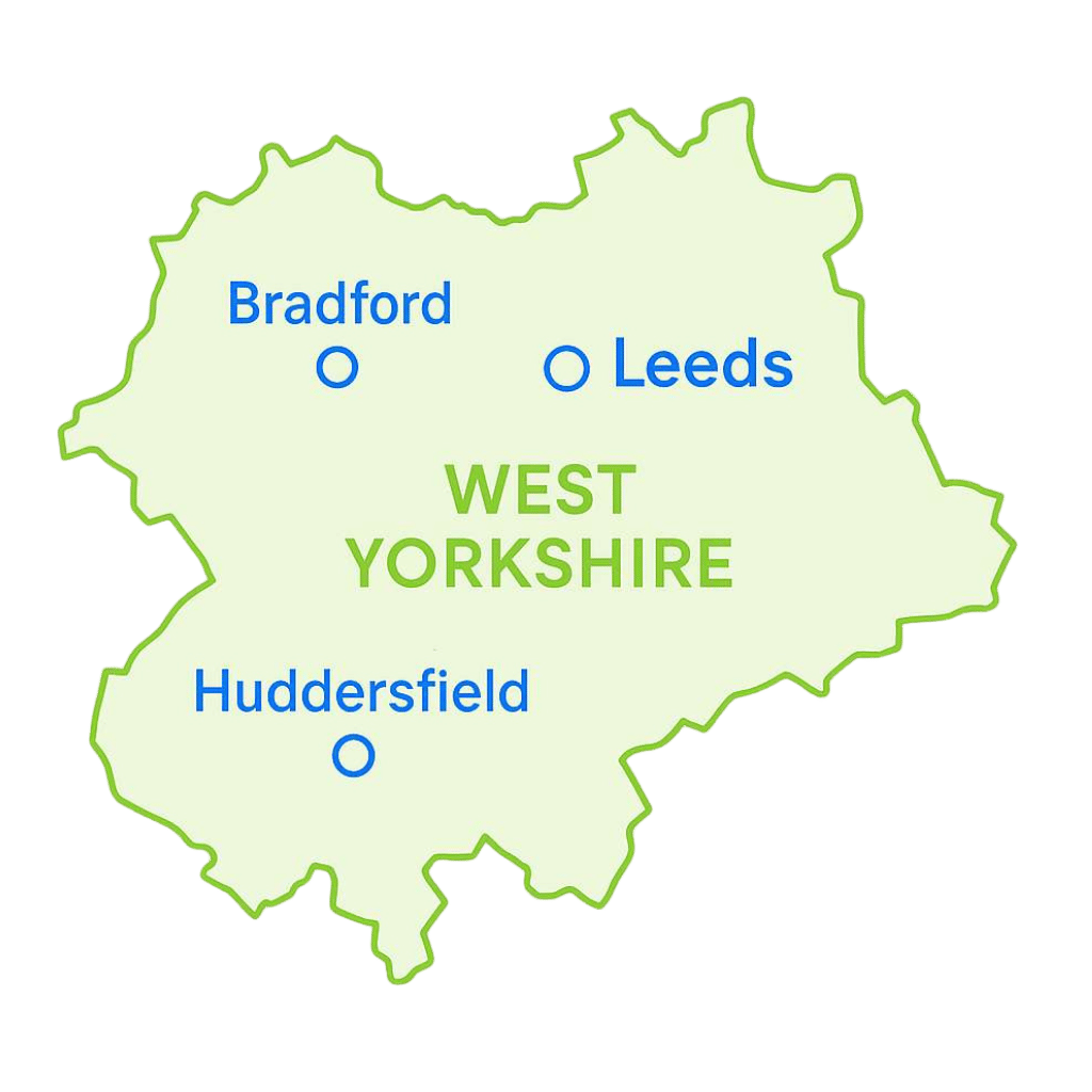 Map of West Yorkshire highlighting cleaning service areas including Leeds, Bradford, and Huddersfield.